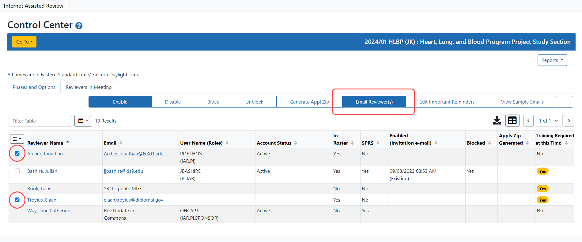 Multiple Reviewers selected and Email Reviewer(s) button highlighted.