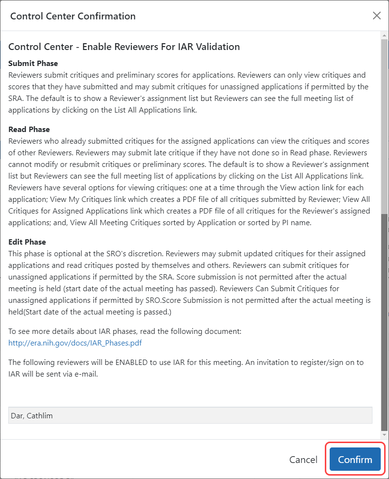 Confirmation for enabling a reviewer