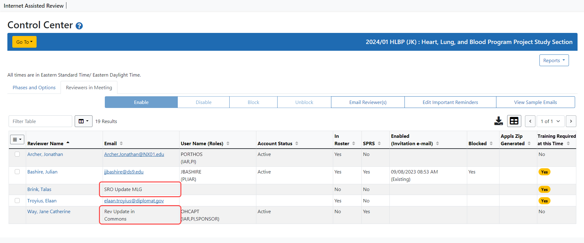 Sample list of reviewers in Control Center with email updates needed for two reviewers.