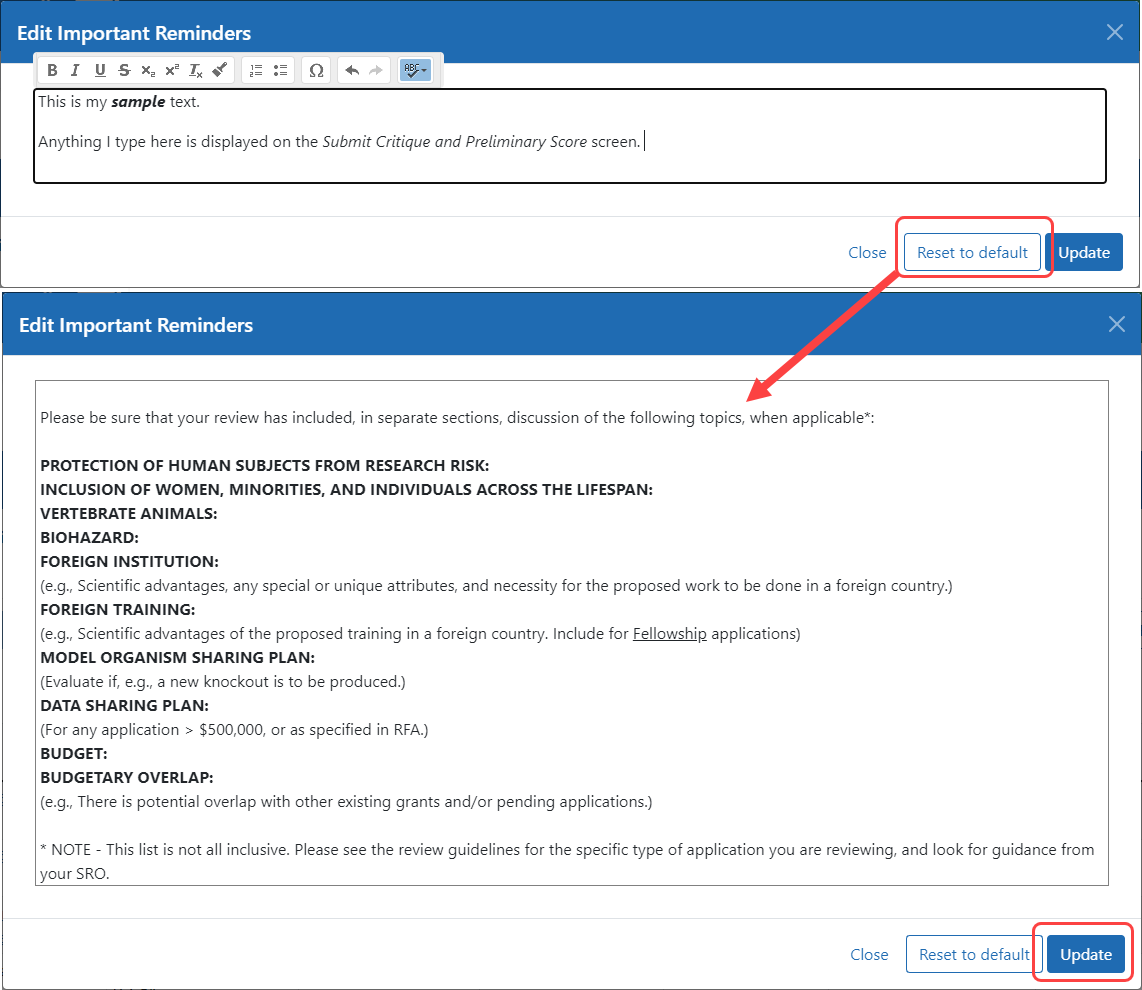 Edit screen when restoring default