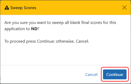 Sample of confirmation screen for sweeping scores