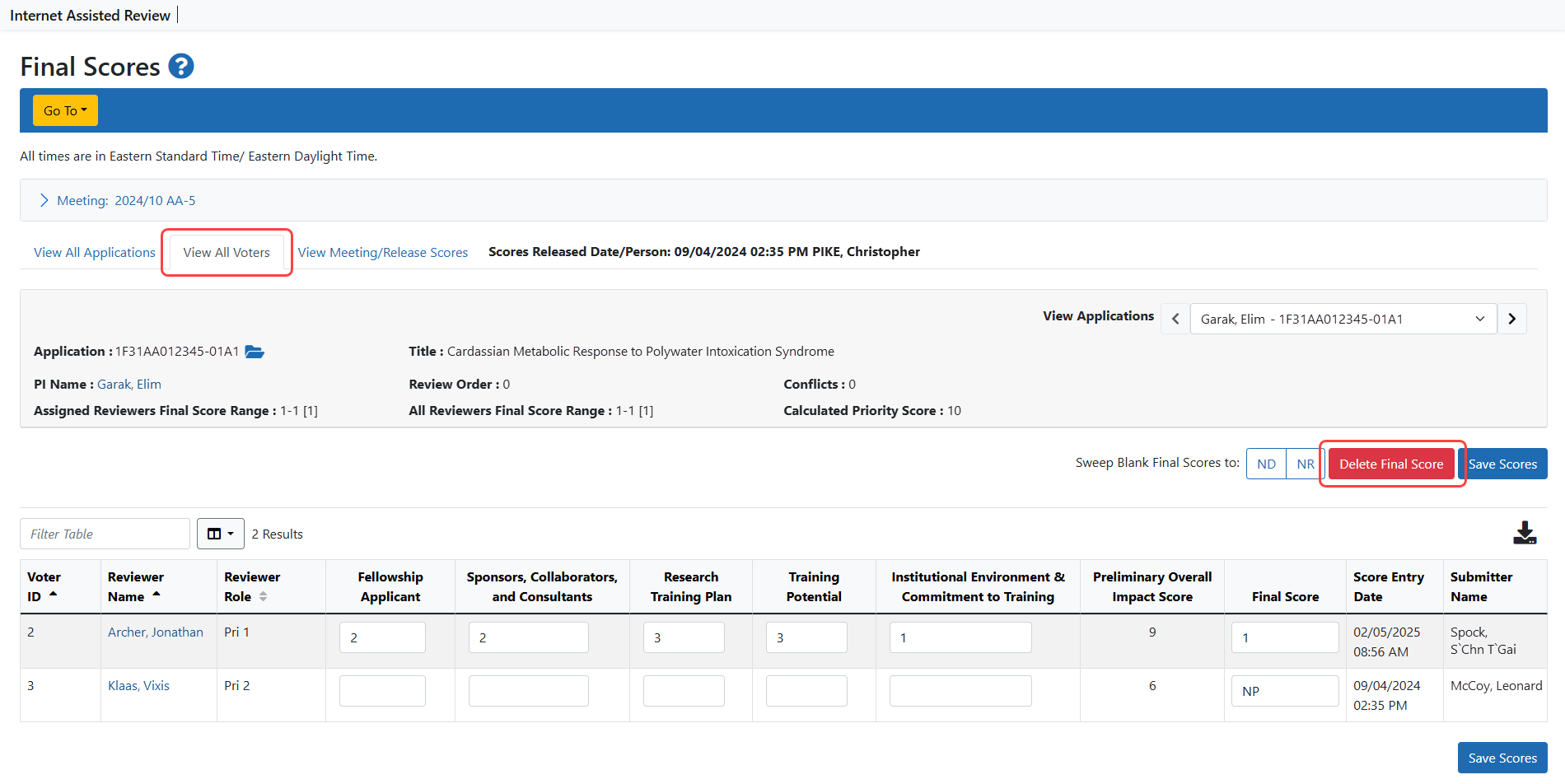 Delete Final Scores button - individual application on Final Scores Details screen