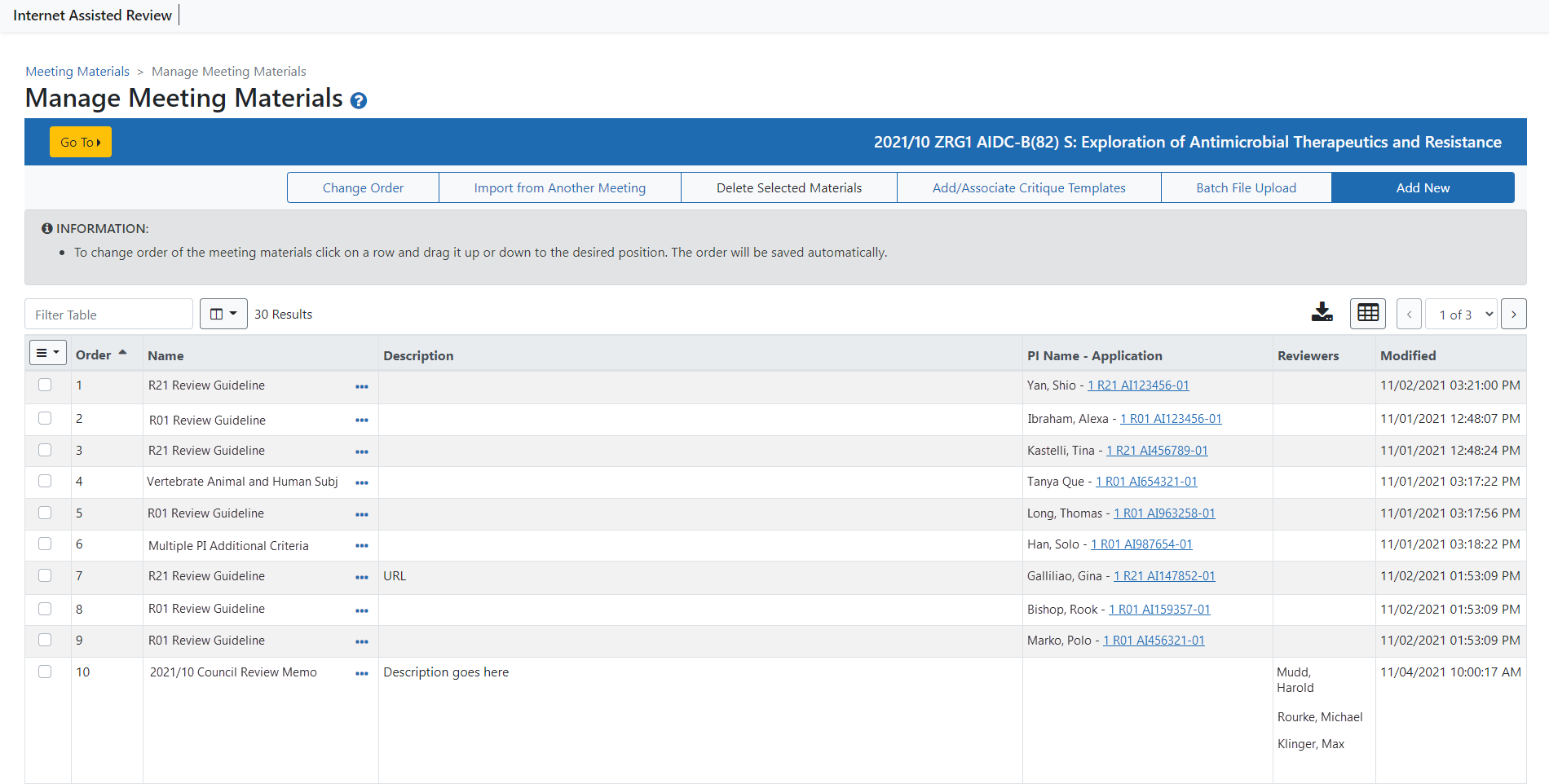 Sample Manage Materials screen