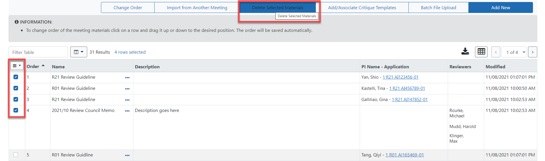 Manage Materials with items selected for deletion