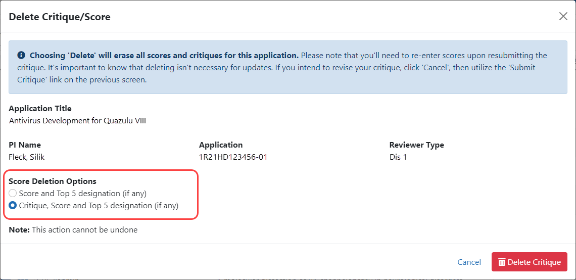 Sample Delete Critique/Score screen for Discussant without critique