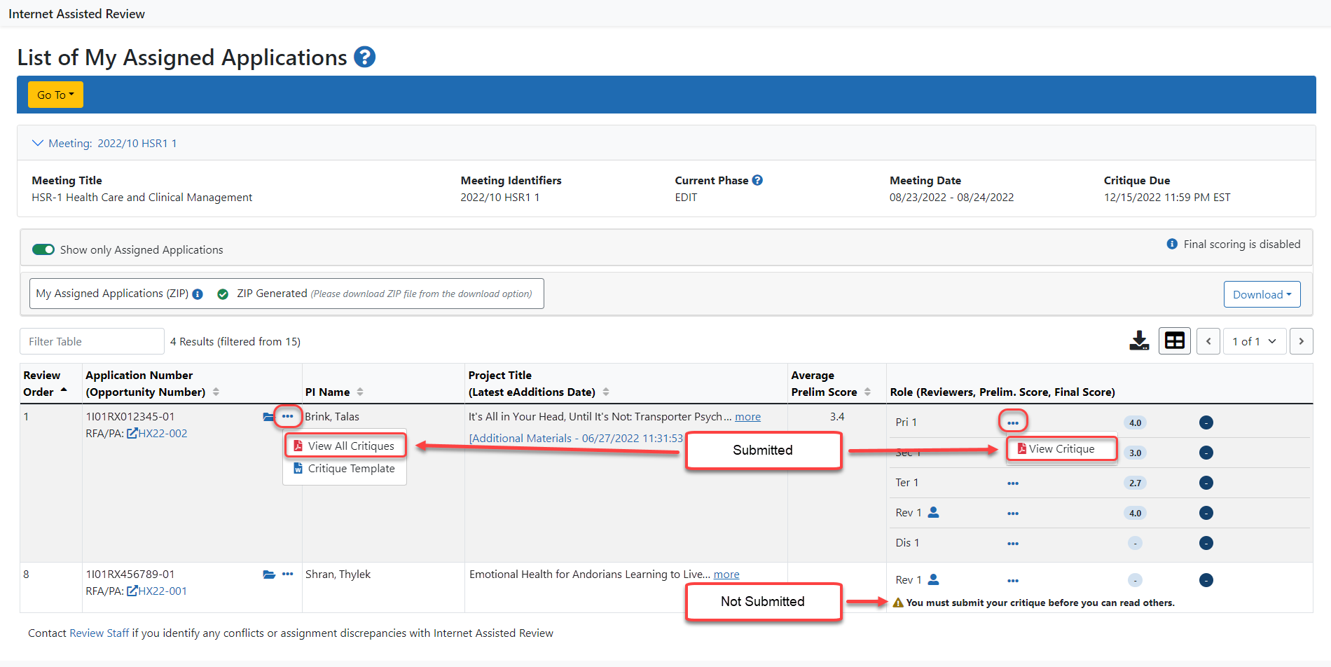 Sample of blocked reviewer's view of screen