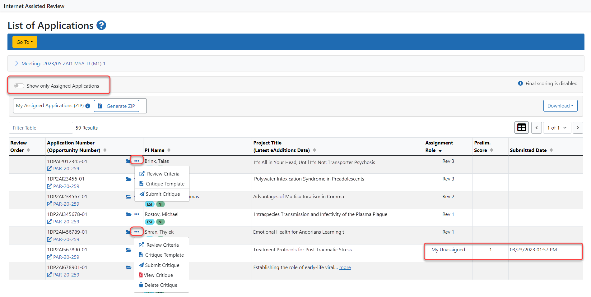 List of All Applications in Edit phase with examples of COI; Unassigned with Submit Link; Unassigned with uploaded critique