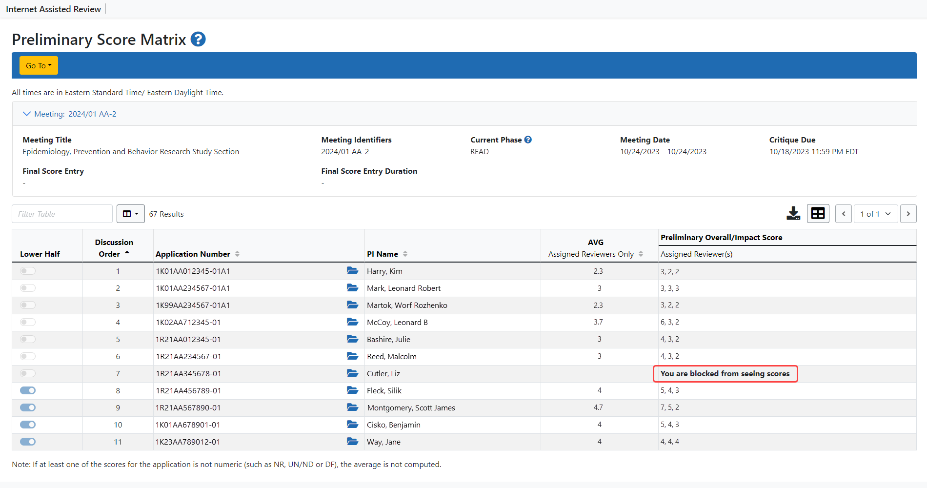 Sample Preliminary Score Matrix screen showing blocked reviewer