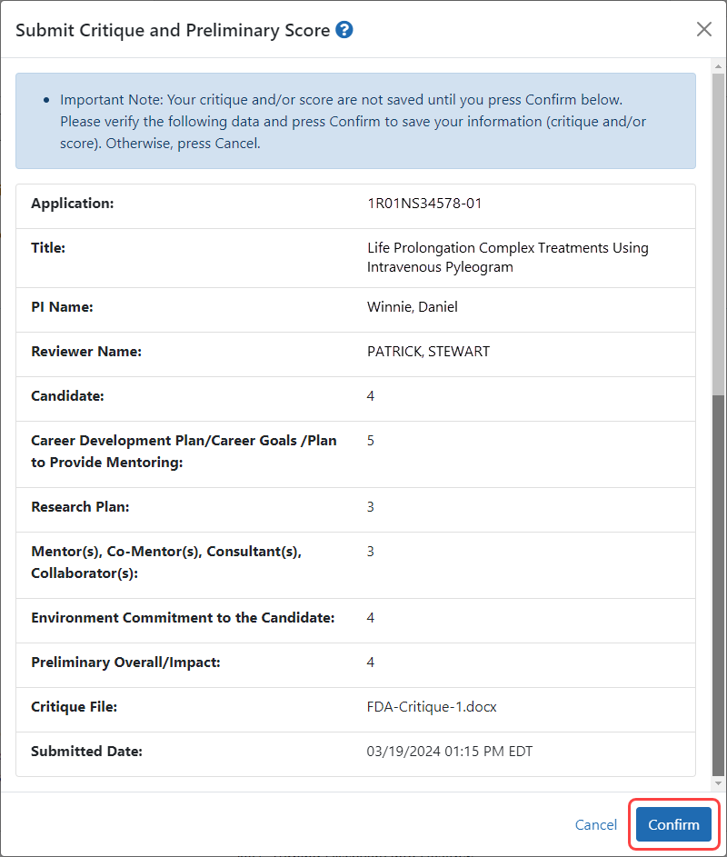 Confirmation for submitting critique and scores