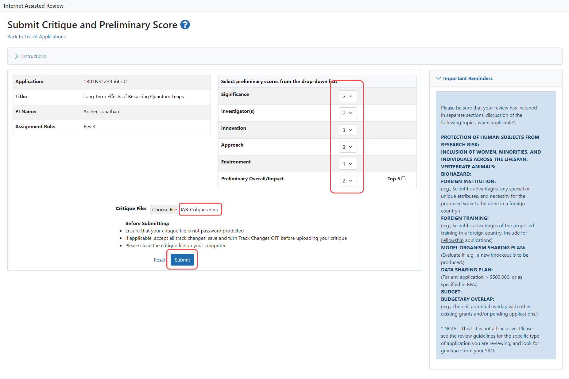 Submit Critique and Preliminary Score screen for reviewer