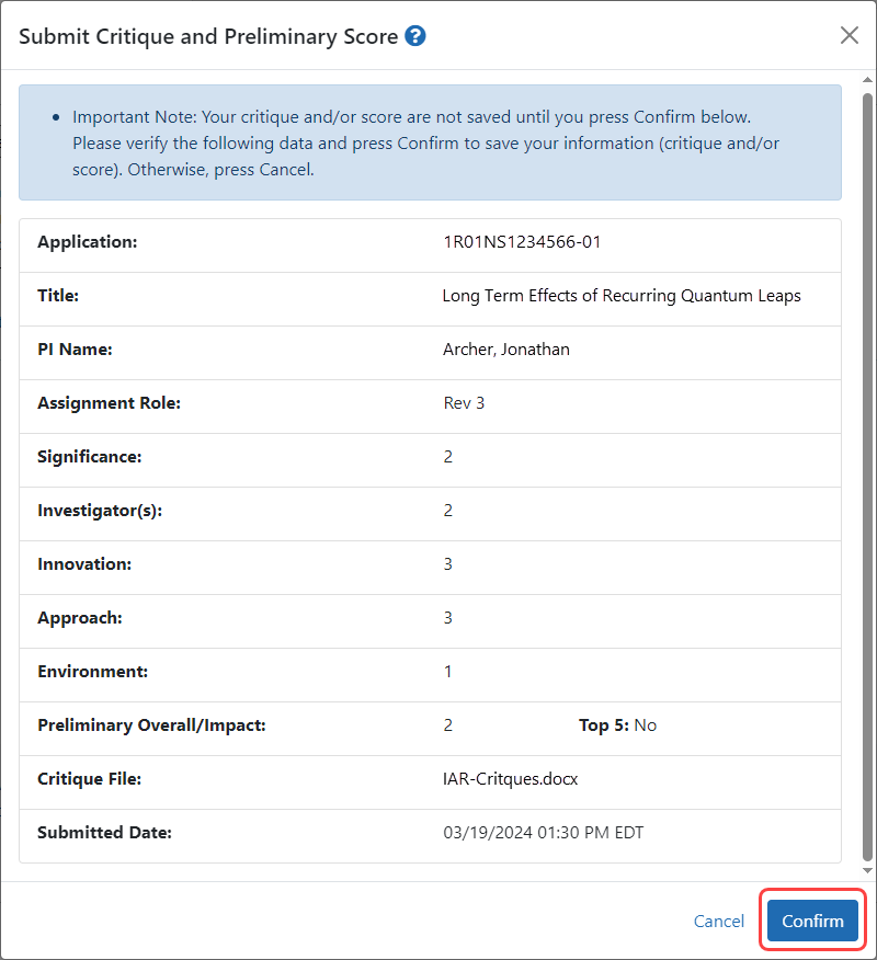 Reviewer confirmation for submitting critique and scores