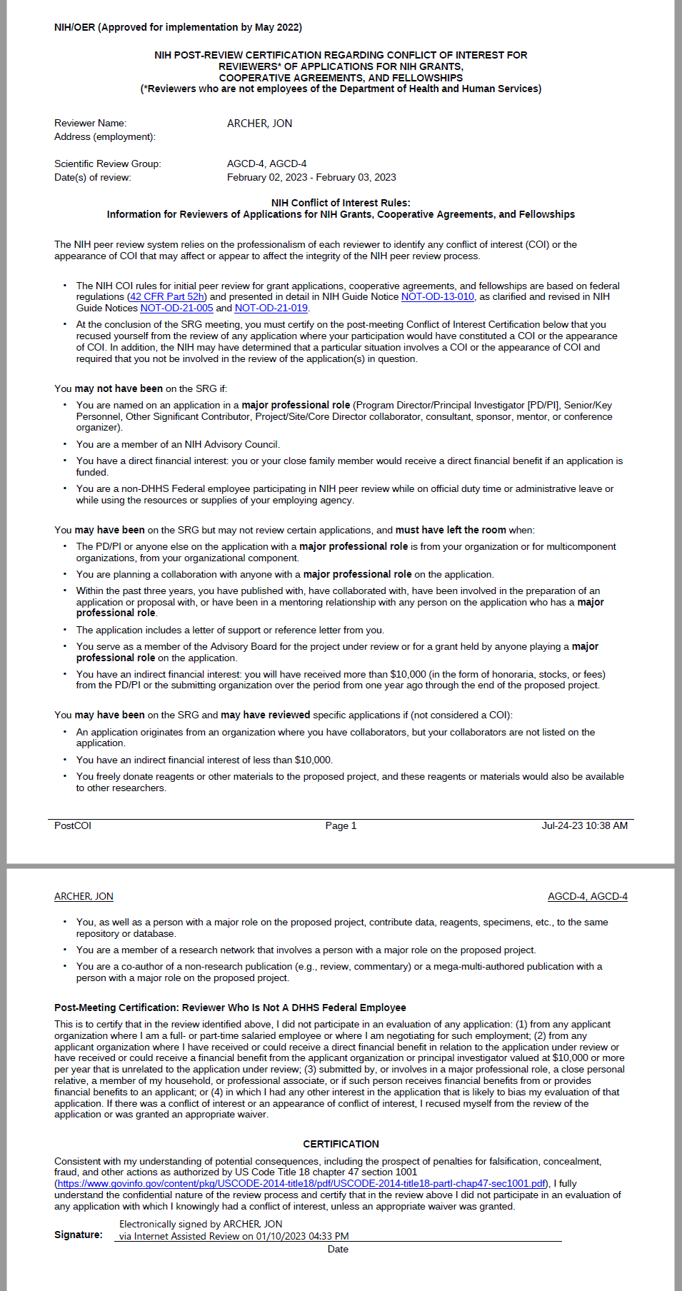 sample of post meeting COI form 