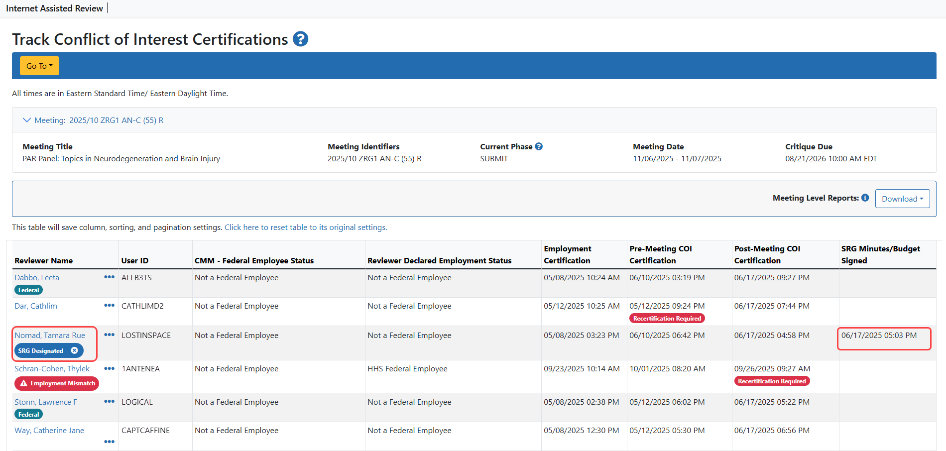 Track COI Forms screen with a designated Reviewer