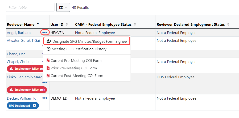 Track COI Forms screen with a designated Reviewer and the menu option to designate a signee