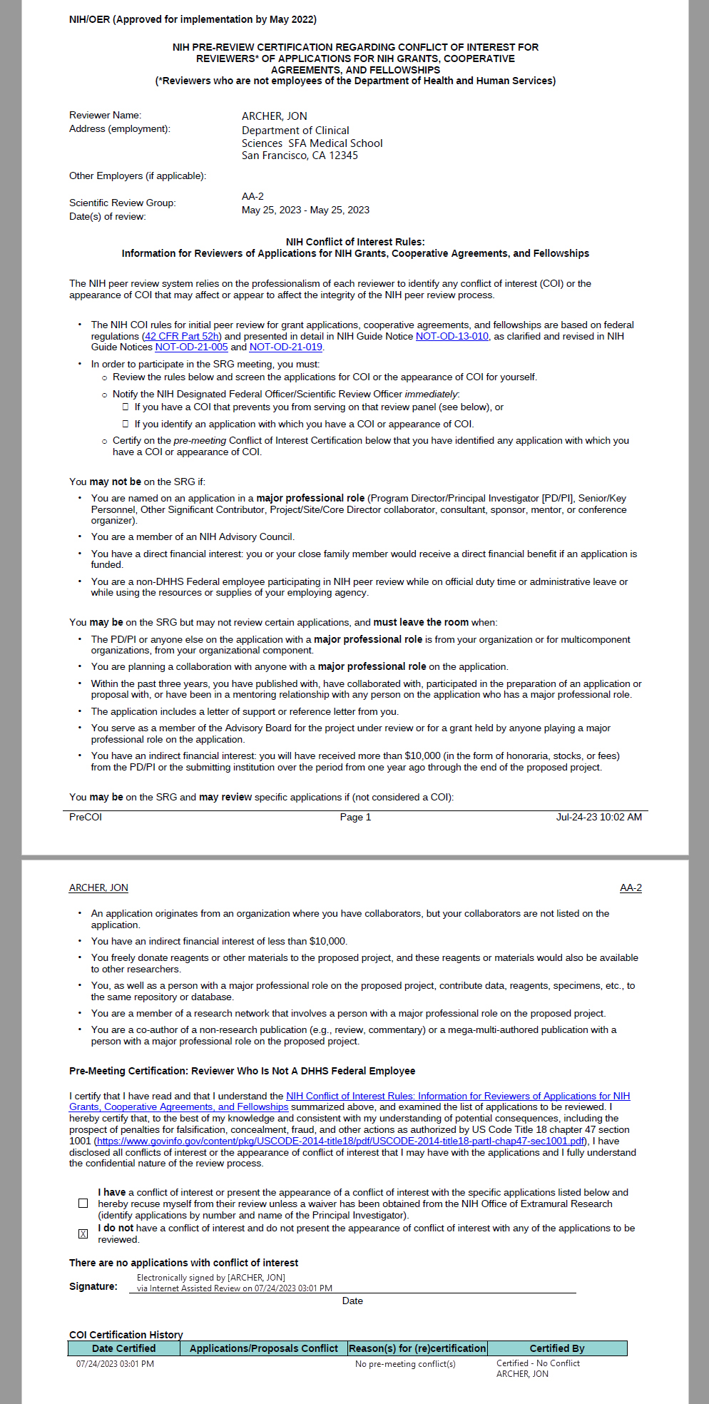 Pre-meeting COI form