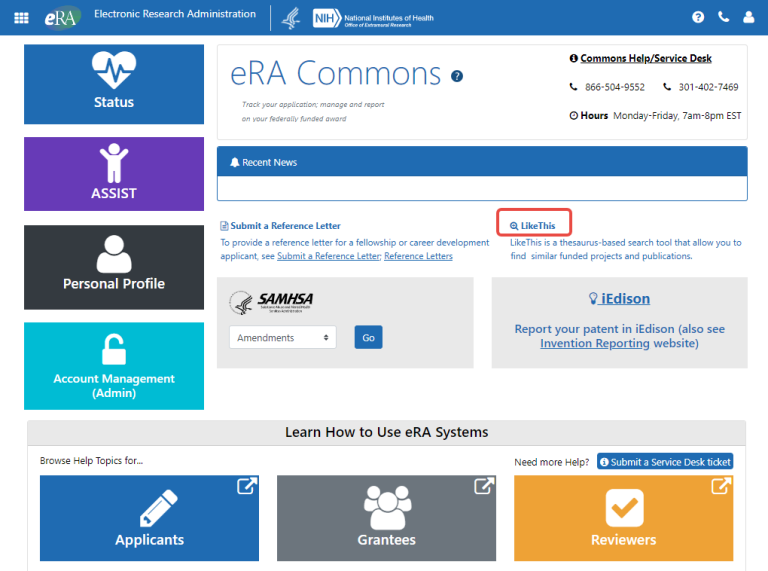 eRA Commons Landing screen