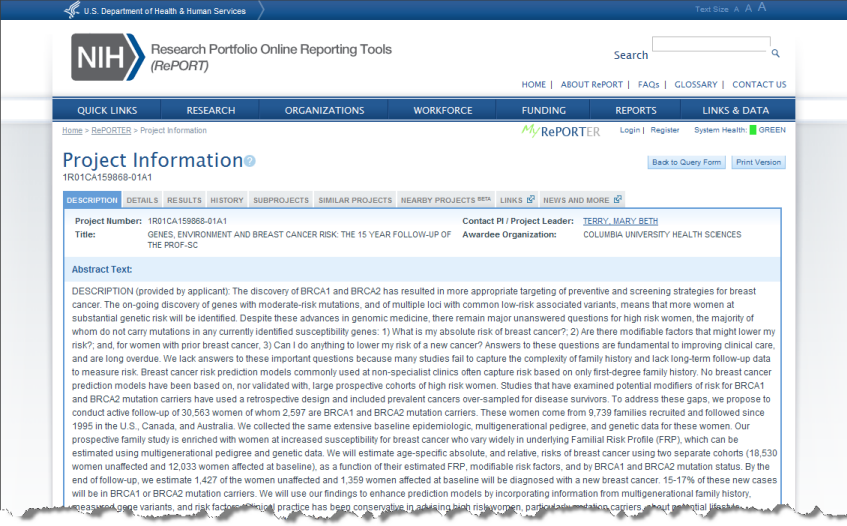 Projection Information in RePORTER