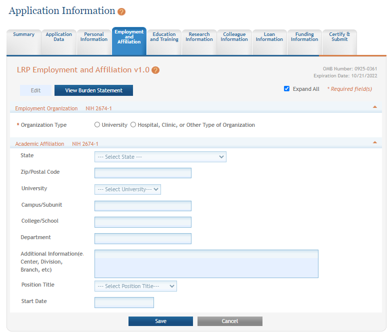 Employment and Affiliation screen of LRP application