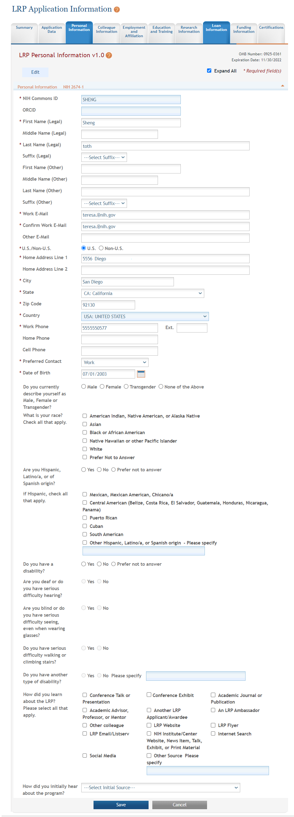 Personal Information screen of LRP application