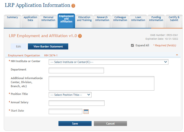 Employment and Affiliation screen of LRP application