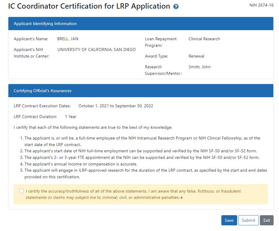 Renewal Certification for LRP Applicant