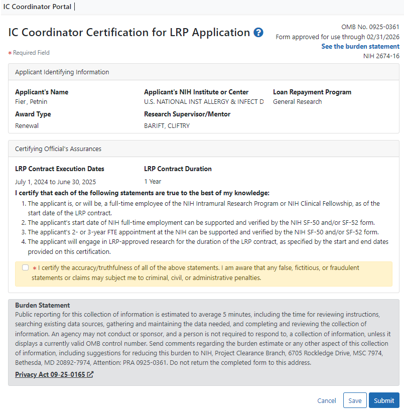 Renewal Certification for LRP Applicant