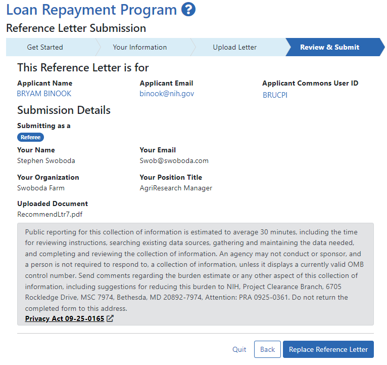 The Review & Submit screen lets you review all the details and replace the previously submitted reference letter