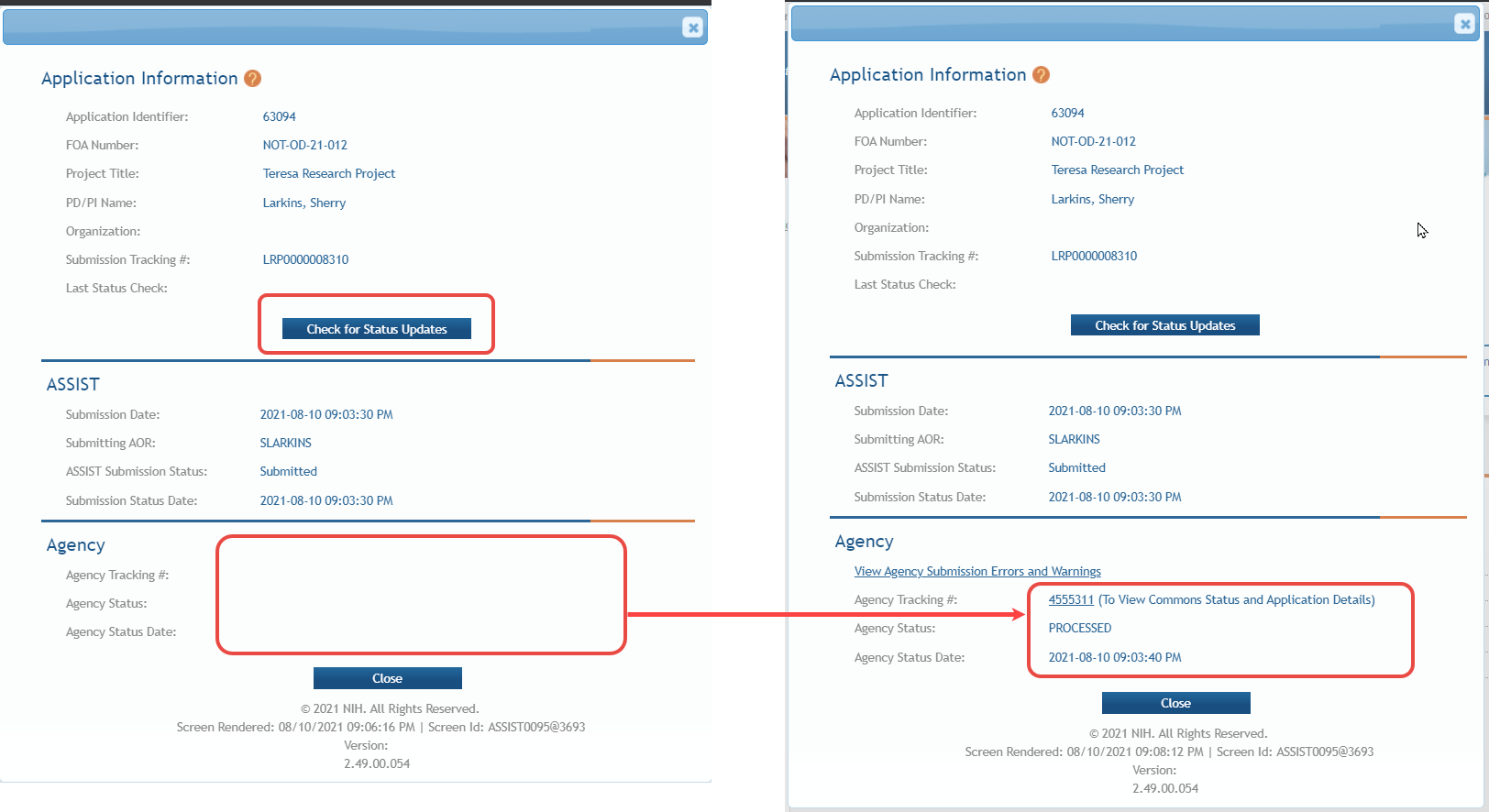 Application Information popup after submitting application. Application Information popup after submitting application.