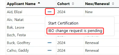 Three-dot ellipsis menu option showing IBO change request is pending