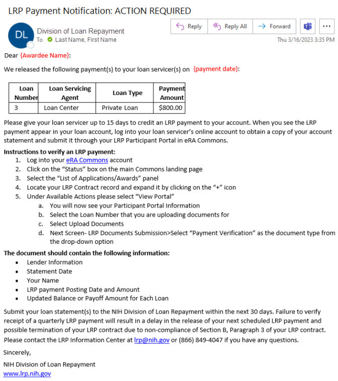 Email sent to LRP awardee regarding Participant Portal