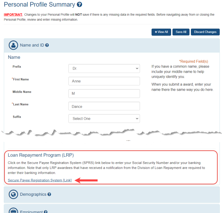 Loan Repayment Program - Location of Secure Payee Registration System Link in Personal Profile