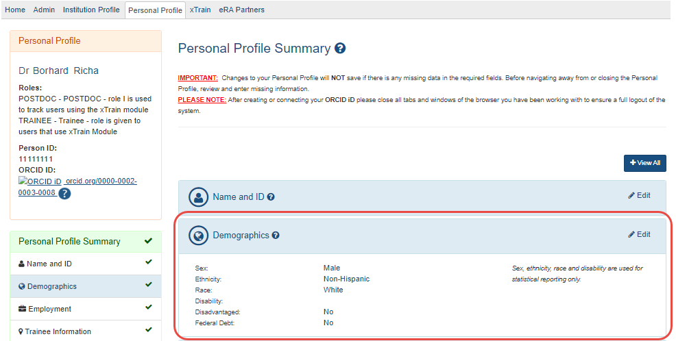 PPF Demographics section summary view