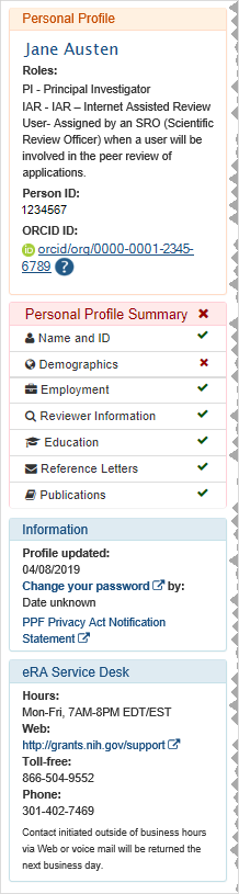 Left navigation area of profile summary page