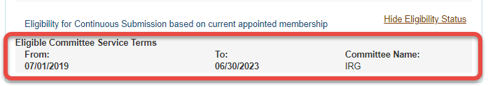Eligibility info based on current appointed membership is expanded/displayed