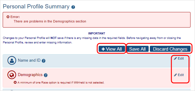 View and Edit option shown for Personal Profile Summary information