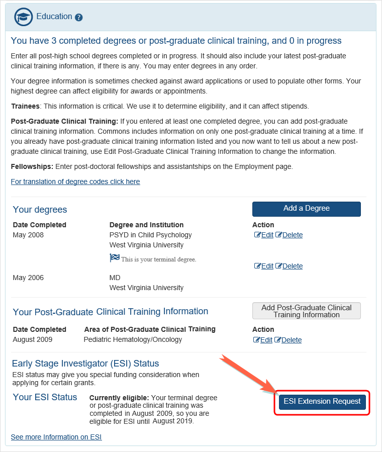 screenshot showing the Education section in edit mode with the ESI Extension Request button circled