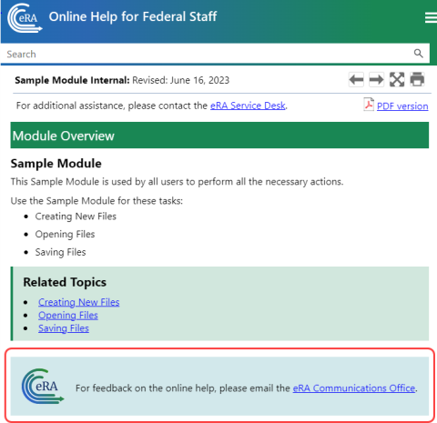 Online help showing a feedback section with an email link to the eRA Communication Office