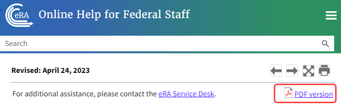 Online help showing link to the PDF version of the online help