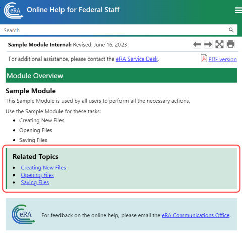 Online help showing a Related Topics section