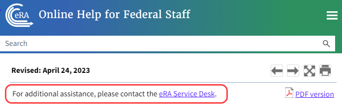 Online help showing link to eRA Service Desk