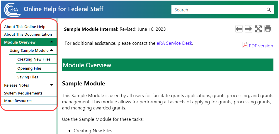 Table of Contents pane at left of an online help system