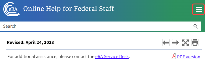 When the browser window is narrow, the table of contents pane is hidden but flies out when the three horizontal line icon at right is clicked