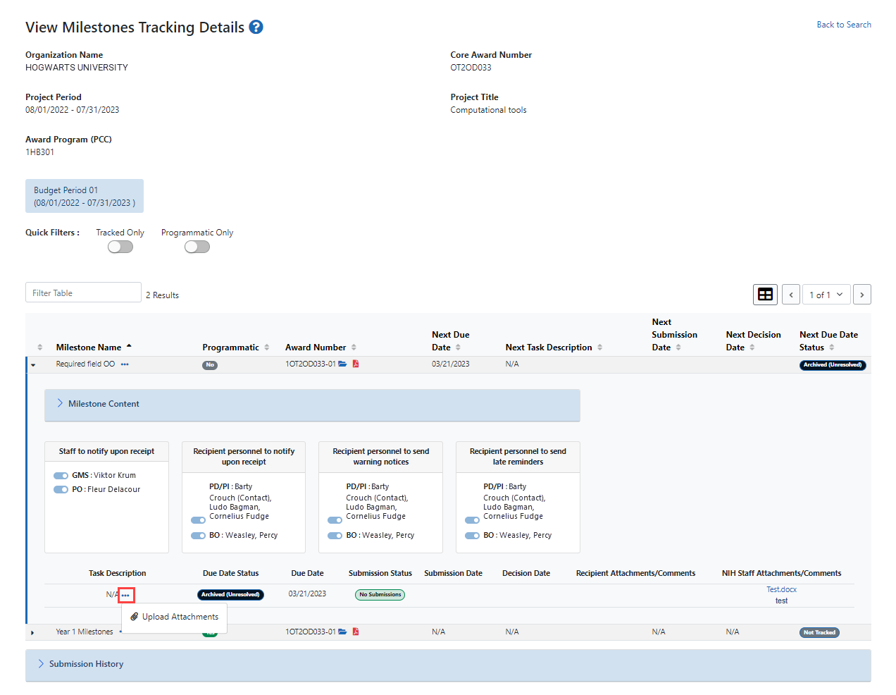 View Milestones Tracking Details screen