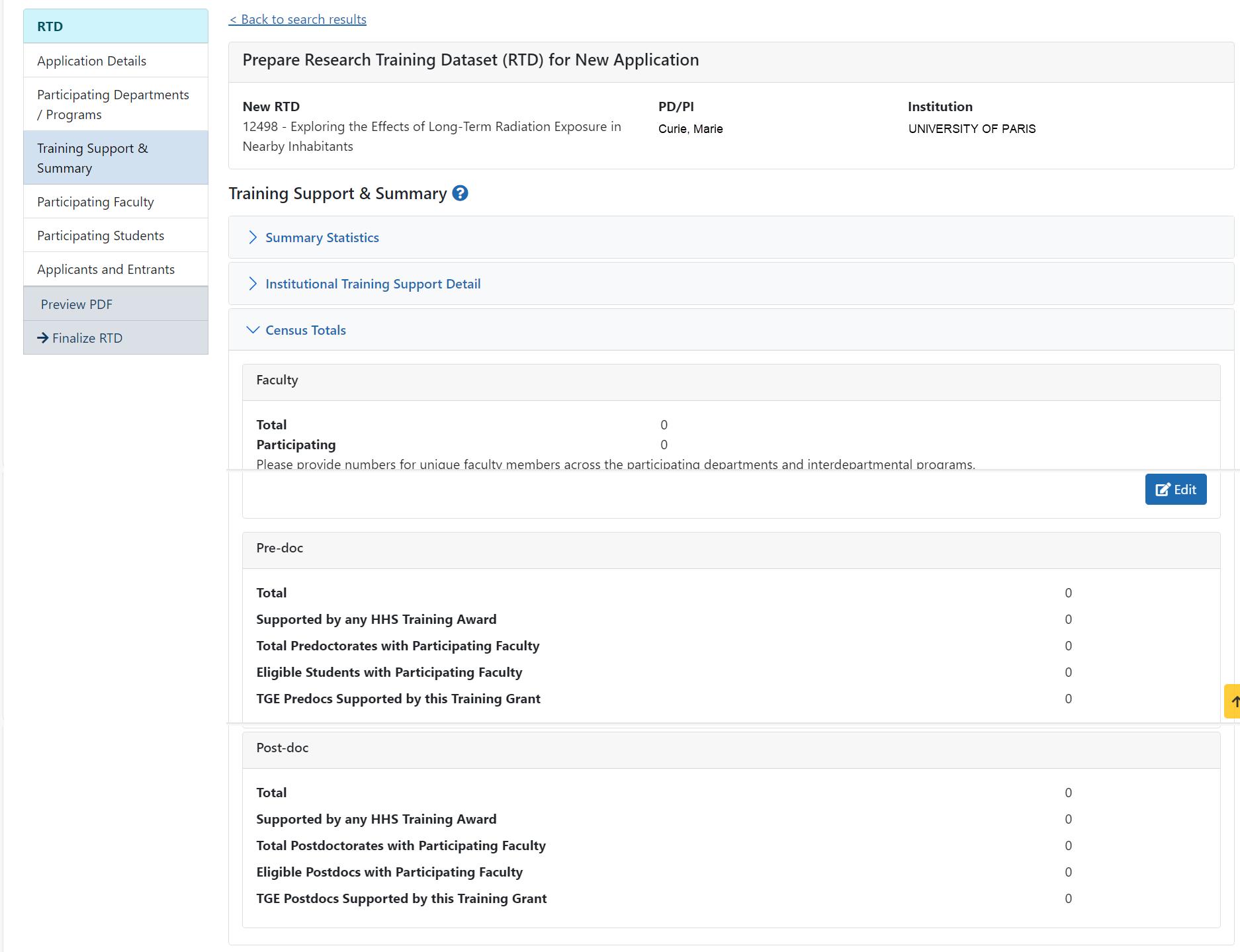 Faculty section of Training Support & Summary section
