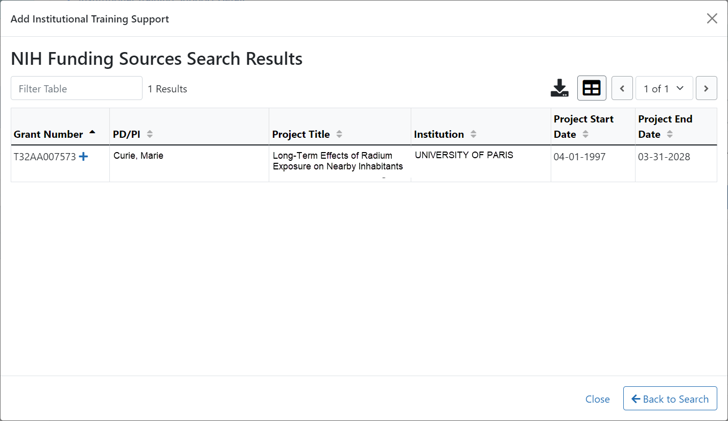 NIH Funding Sources Search Results screen