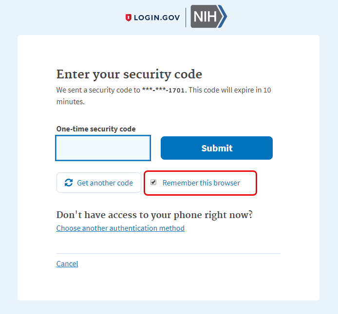 Login.gov Remember This Browser Option on Authentication Screen