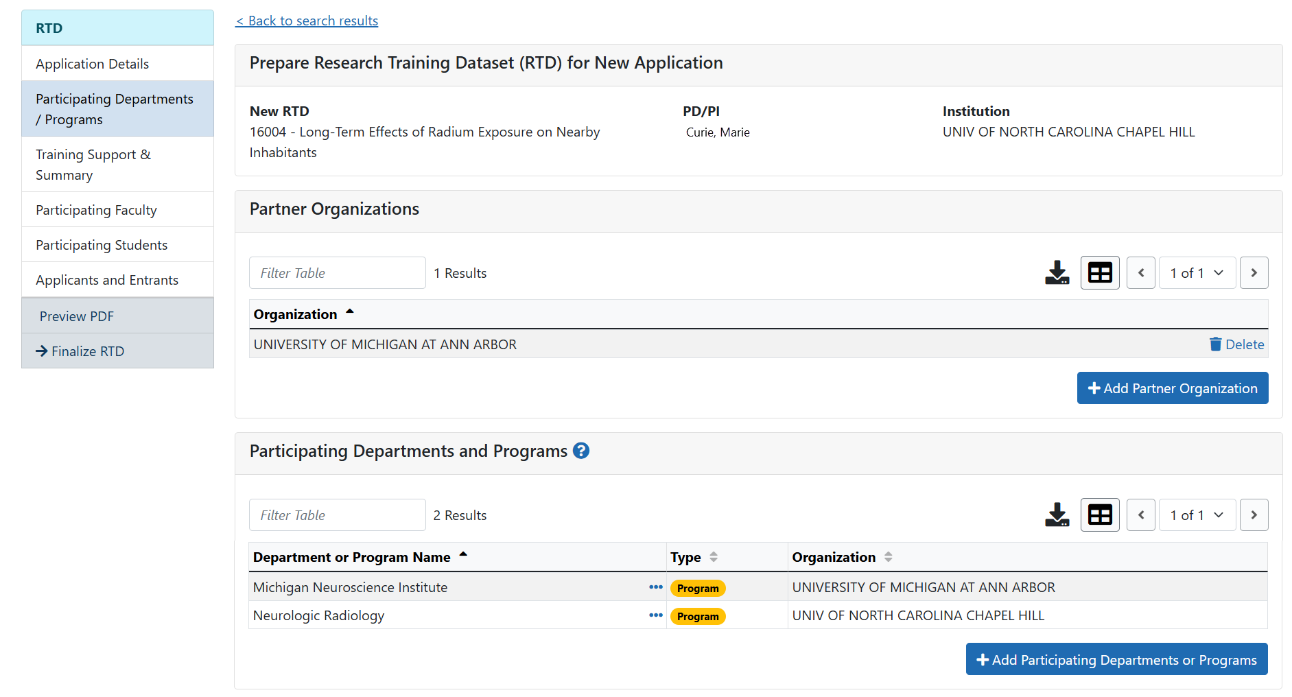Participating Departments/Programs section of RTD
