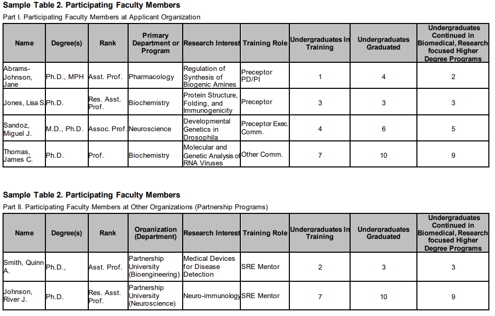 Sample Table 2: Participating Faculty Members for T34 grants
