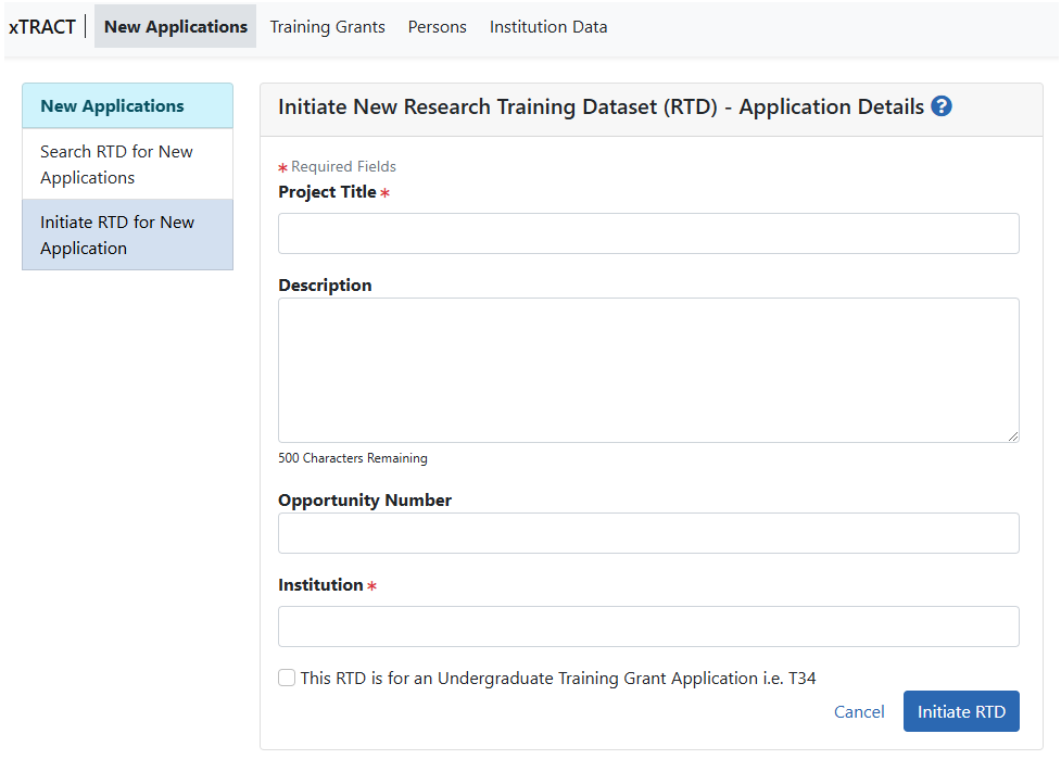 Initiate RTD for New Application screen