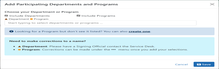 Add Participating Departments and Programs Screen
